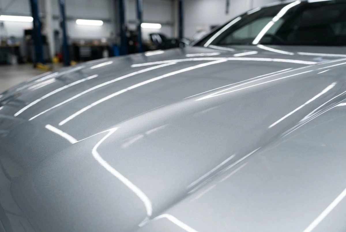 Dieselbe Motorhaube mit glatter Oberfläche und ungebrochenen Lichtreflexen