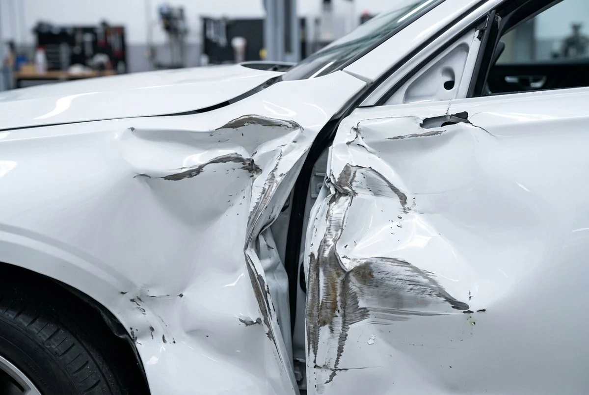 Seitenpartie eines Fahrzeugs mit verformtem Blech und aufgerissener Fuge nach einem Unfall